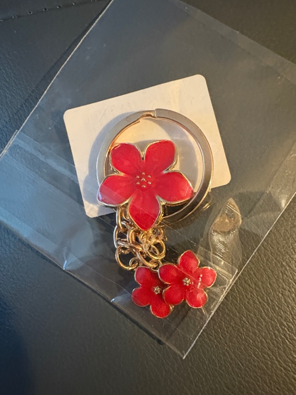 Red Floral Gold-Tone Keyring/Bag Charm. NWT
